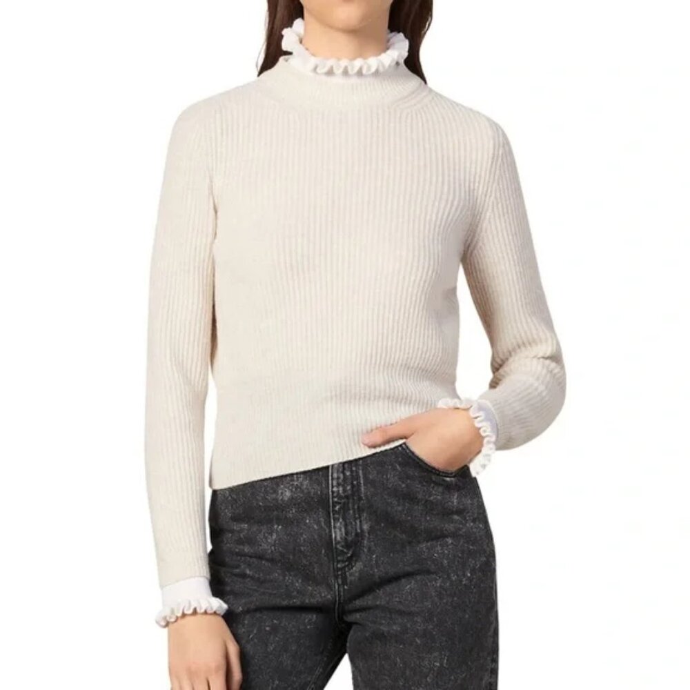 NEW SANDRO Paris Mike Ruffle-trimmed Wool-blend Sweater In Beige size 1/S